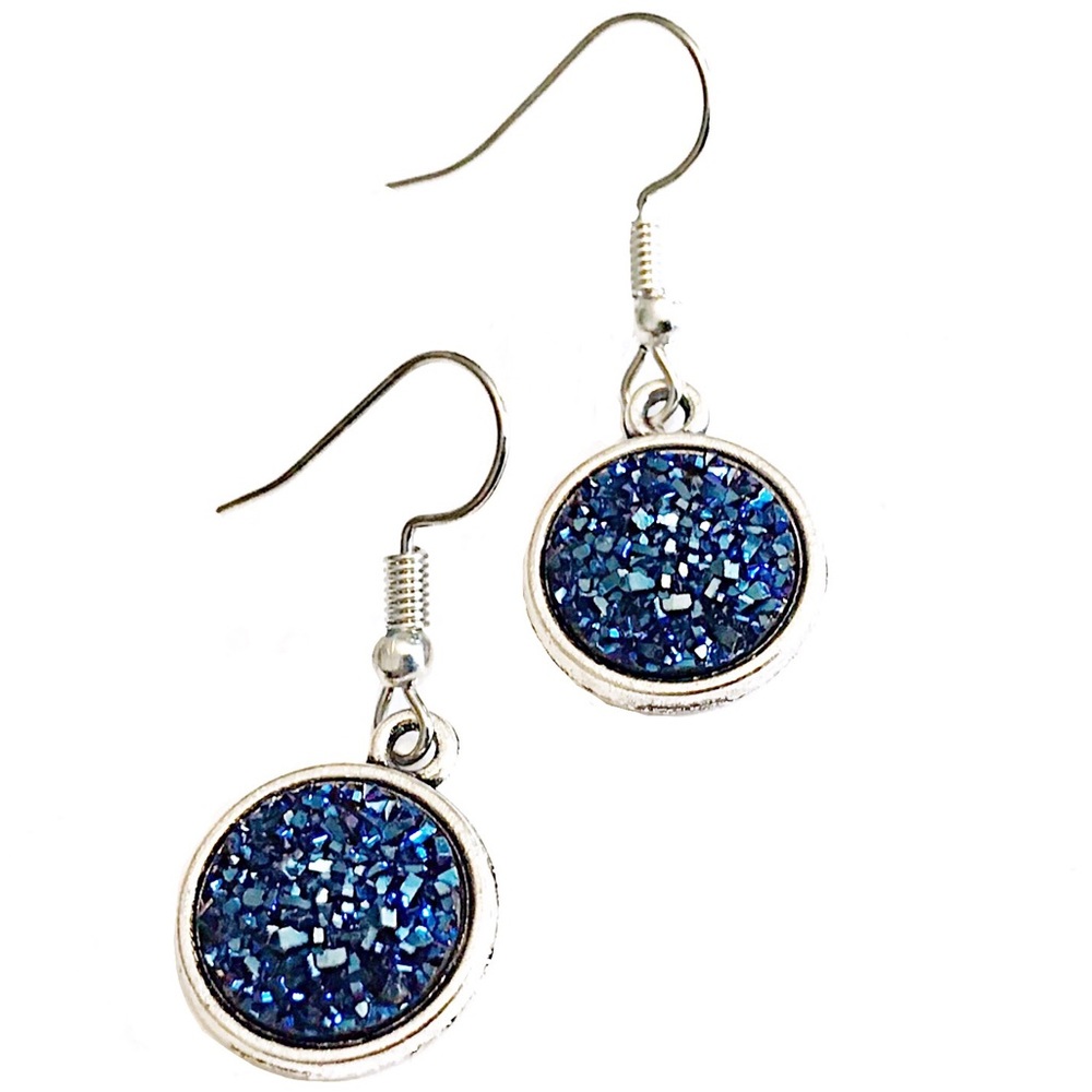 Silver Tone Dark Blue Druzy Earrings - Picture 4 of 6